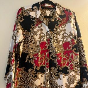 Chico’s Stylish Red and Gold Patterned Blouse